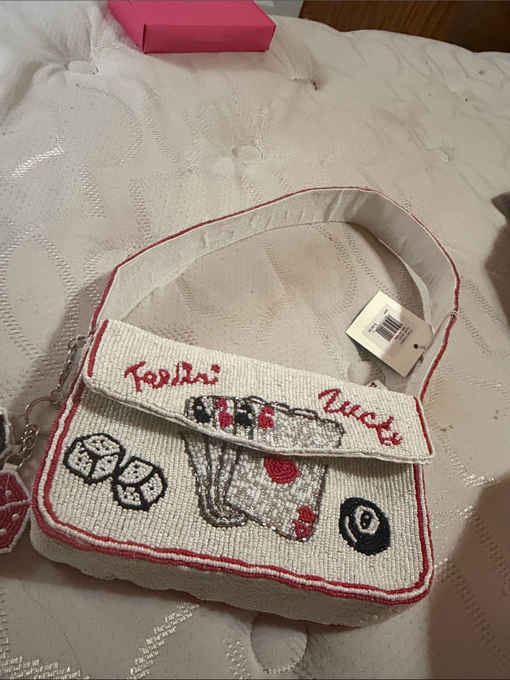 Beaded Novelty Shoulder Bag - White with Pink Accents
